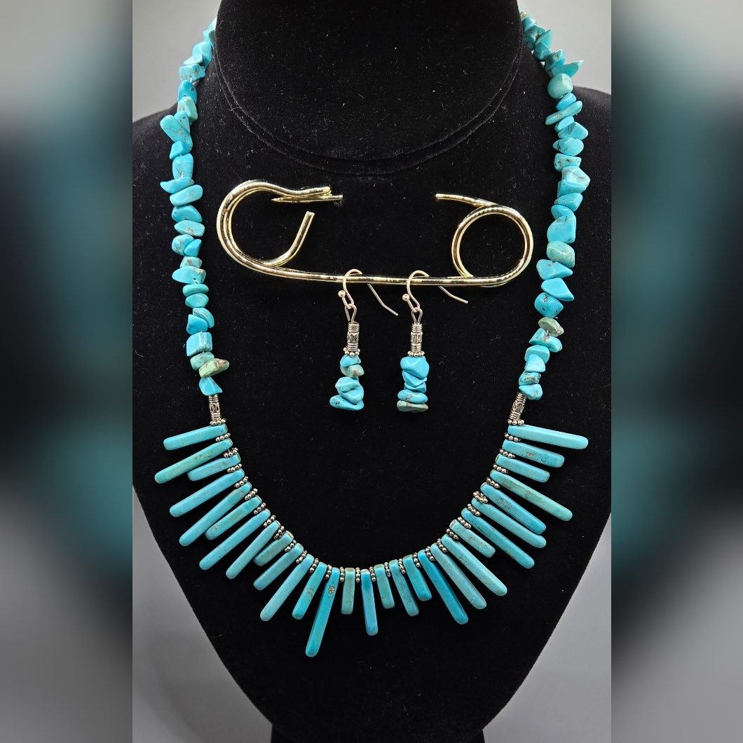 Stone Necklace Earring Set Turquoise Dyed Howlite Silver Tone Artisan Made 48$
